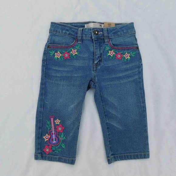 Route 66 Girls sz-7 Capri Jeans with Embroidered Flowers & Guitars NWT - Picture 1 of 2